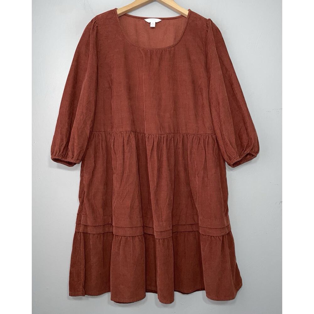 Boho Corduroy Tiered Peasant Dress Size Small Rust Brown Romantic Cottagecore